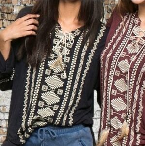 POL Tribal Bohomeian Embroidered Navy Top Size Small